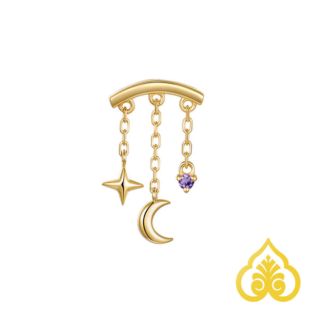 Cassiopeia piercing top in 14kt goud met maan, ster en Amethist edelsteen geschikt voor hidden helix, flat en rook piercing. 