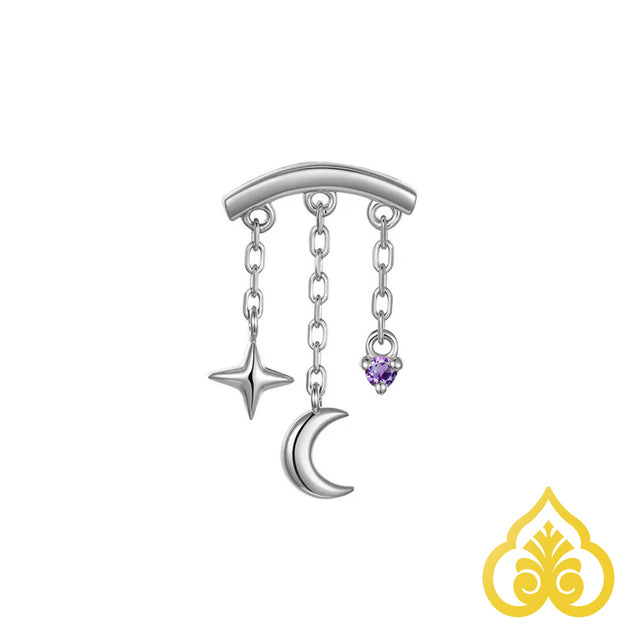Cassiopeia piercing top in 14kt witgoud met maan, ster en Amethist edelsteen geschikt voor hidden helix, flat en rook piercing. 