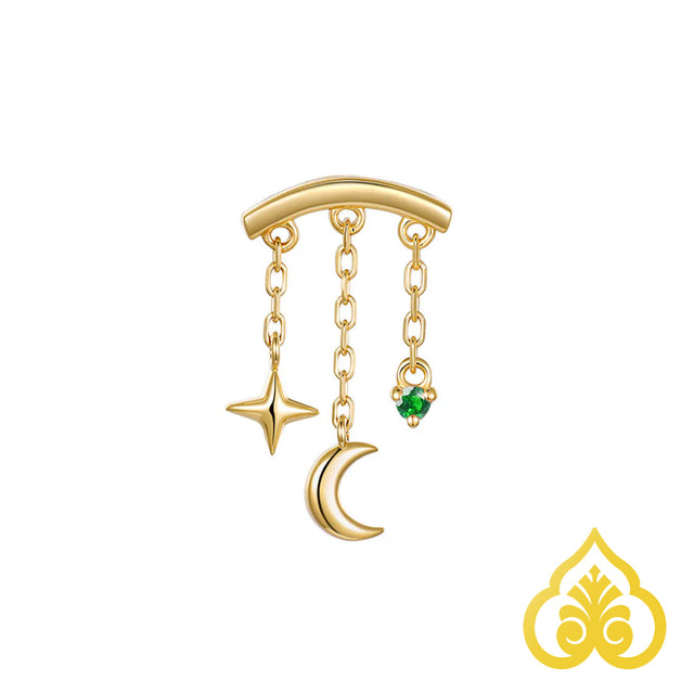 Cassiopeia piercing top in 14kt goud met maan, ster en groene chalcedoon edelsteen geschikt voor hidden helix, flat en rook piercing. 