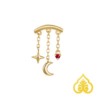 Cassiopeia piercing top in 14kt goud met maan, ster en Robijn edelsteen geschikt voor hidden helix, flat en rook piercing. 