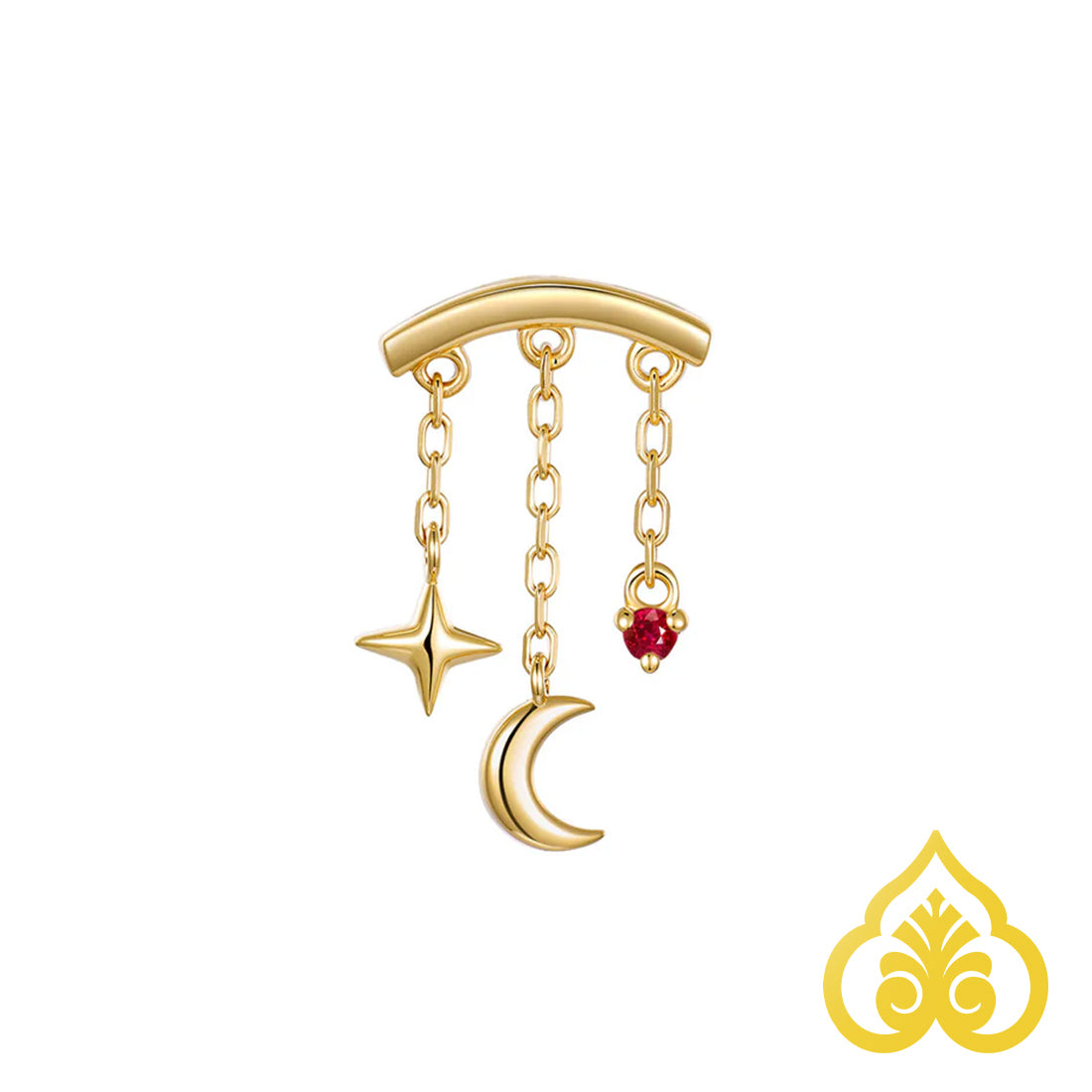 Cassiopeia piercing top in 14kt goud met maan, ster en Robijn edelsteen geschikt voor hidden helix, flat en rook piercing. 