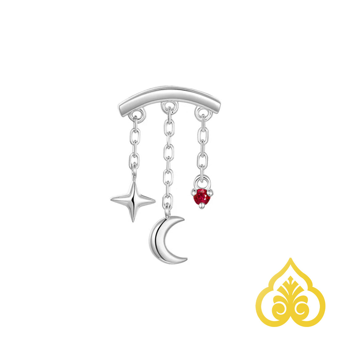 Cassiopeia piercing top in 14kt witgoud met maan, ster en robijn edelsteen geschikt voor hidden helix, flat en rook piercing. 
