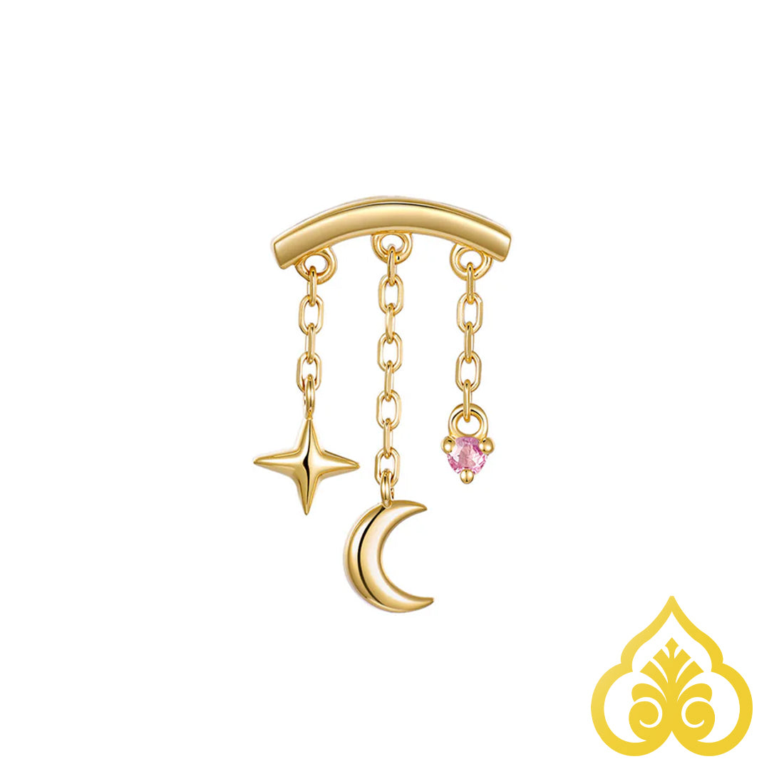 Cassiopeia piercing top in 14kt goud met maan, ster en roze saffier edelsteen geschikt voor hidden helix, flat en rook piercing. 