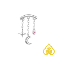Cassiopeia piercing top in 14kt witgoud met maan, ster en roze saffier edelsteen geschikt voor hidden helix, flat en rook piercing. 