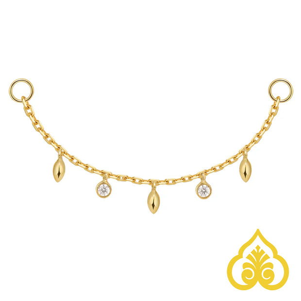 Chain with 5 dripping bezel diamonds and marquise gold beads - Modern Mood