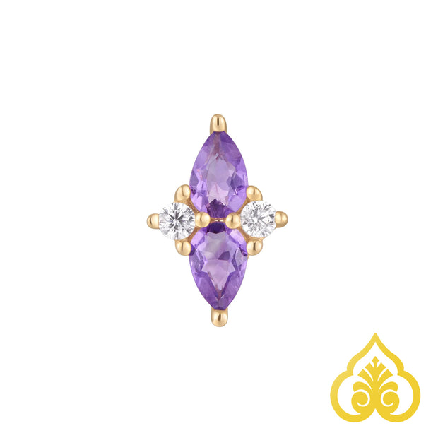 14K gouden piercing met twee amethisten en CZ accenten