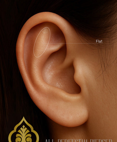 Flat piercing locatie weergegeven op een realistisch oor bij All Perfectly Pierced.
