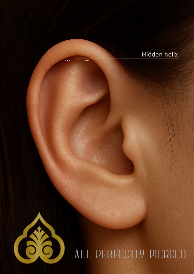 Hidden Helix piercing locatie weergegeven op een realistisch oor bij All Perfectly Pierced.