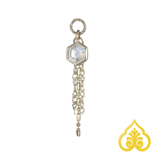 Hexagon piercing charm met regenboog maansteen en tassel chains – 14K goud