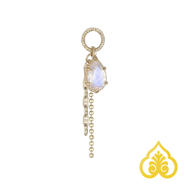 Soft Shimmer piercing charm met regenboog maansteen en dubbele ketting – 14K goud