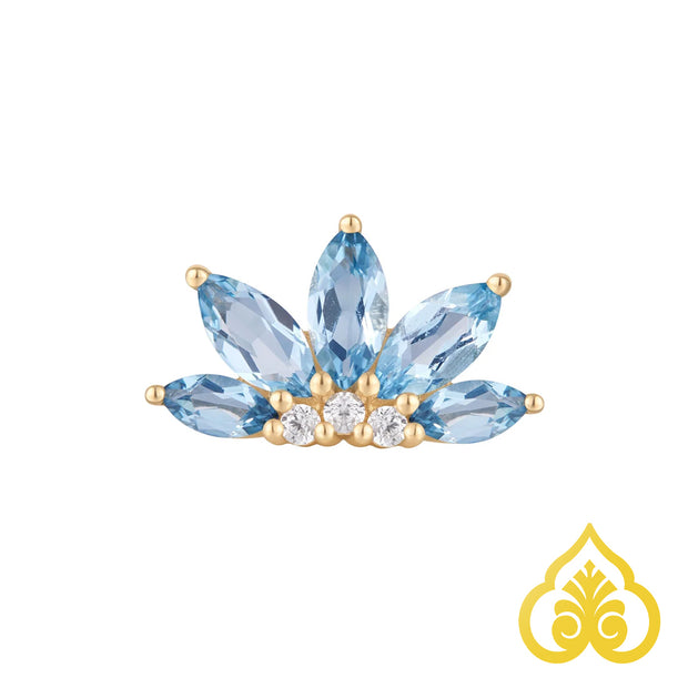 Geelgoud Piercing sieraad met London Blue Topaz en Swarovski CZ's in langwerpige compositie, geschikt voor helix, conch en flat