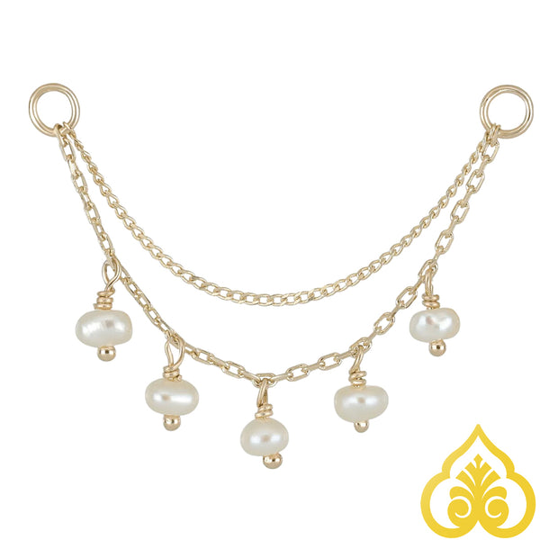 14K gouden piercing chain met dubbele laag en natuurlijke parels Geel goud