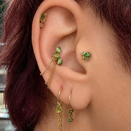 persoonlijk gestyled oor met helix conch en tragus in premium sieraden
