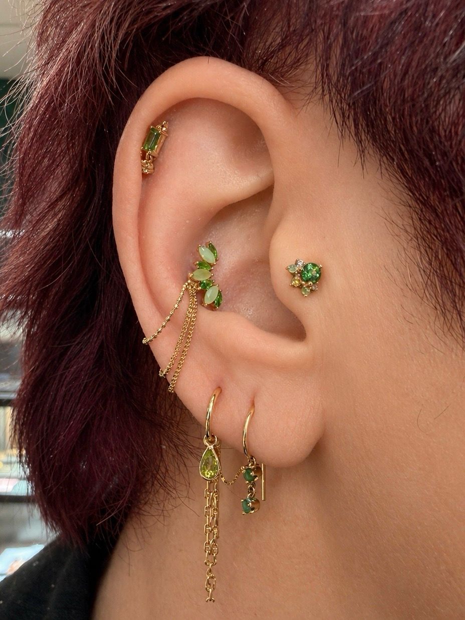 persoonlijk gestyled oor met helix conch en tragus in premium sieraden